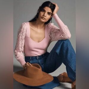 Anthropologie‎ Lace Sleeve Pink Sweater Size XS